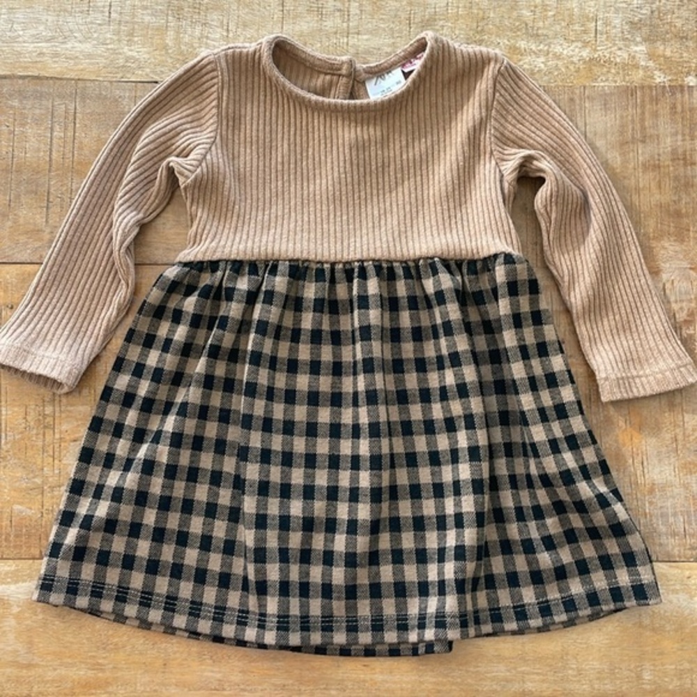 Zara Beige Rib Knit Top with Black and Beige Gingham Skirt Kids Dress